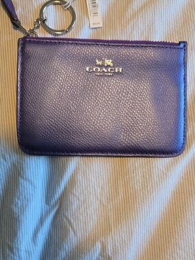 Coach Metallic Purple Leather Mini Skinny Coin Purse With Key Chain